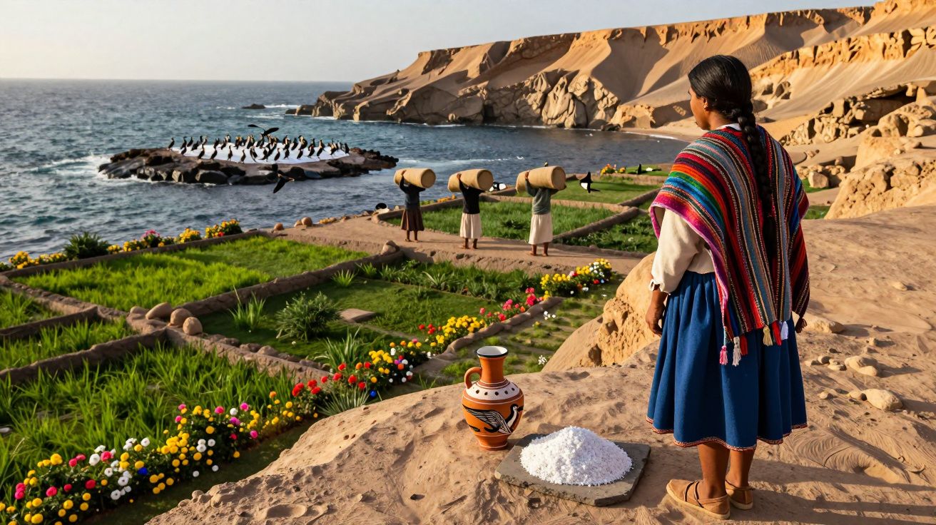 Mulher indígena observa jardim colorido perto do mar com cactos, jarro e montanhas áridas ao fundo.
