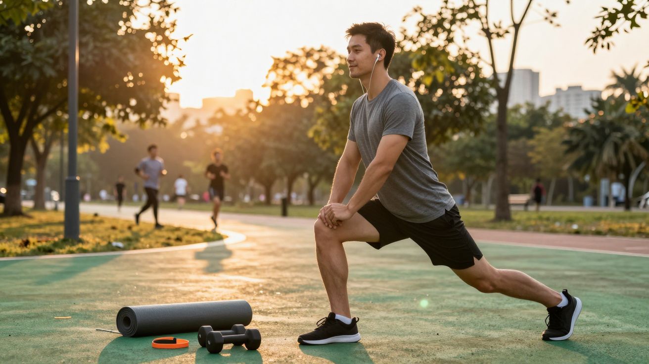 Homem jovem a fazer alongamentos no parque ao pôr do sol, com tapete de yoga e pesos no chão.