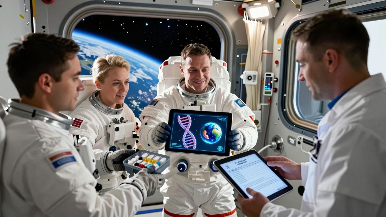 Astronautas a realizar pesquisa científica dentro de uma estação espacial com visão da Terra ao fundo.