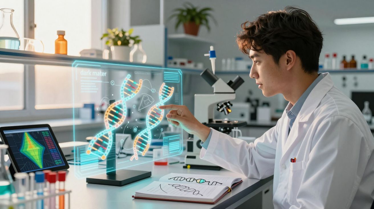 Cientista em laboratório interage com ecrã holográfico mostrando cadeias de DNA e dados científicos.