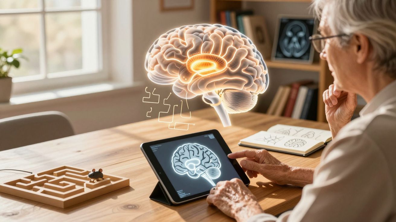 Pessoa idosa analisa imagens digitais de cérebro em tablet, com gráficos cerebrais flutuantes visíveis.