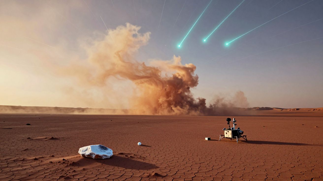 Paisagem desértica com céu claro, partículas aéreos brilhantes e robô explora solo rachado e poeirento.