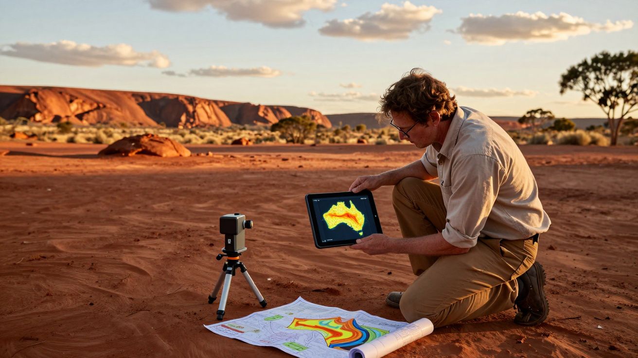 Homem a analisar mapas topográficos num deserto com formações rochosas ao fundo ao pôr do sol.