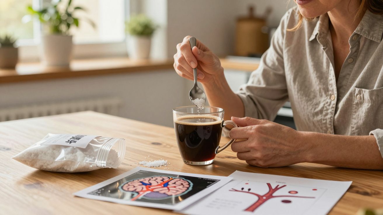 Pessoa a adoçar café sentado à mesa com imagens médicas de cérebro e vasos sanguíneos à frente.