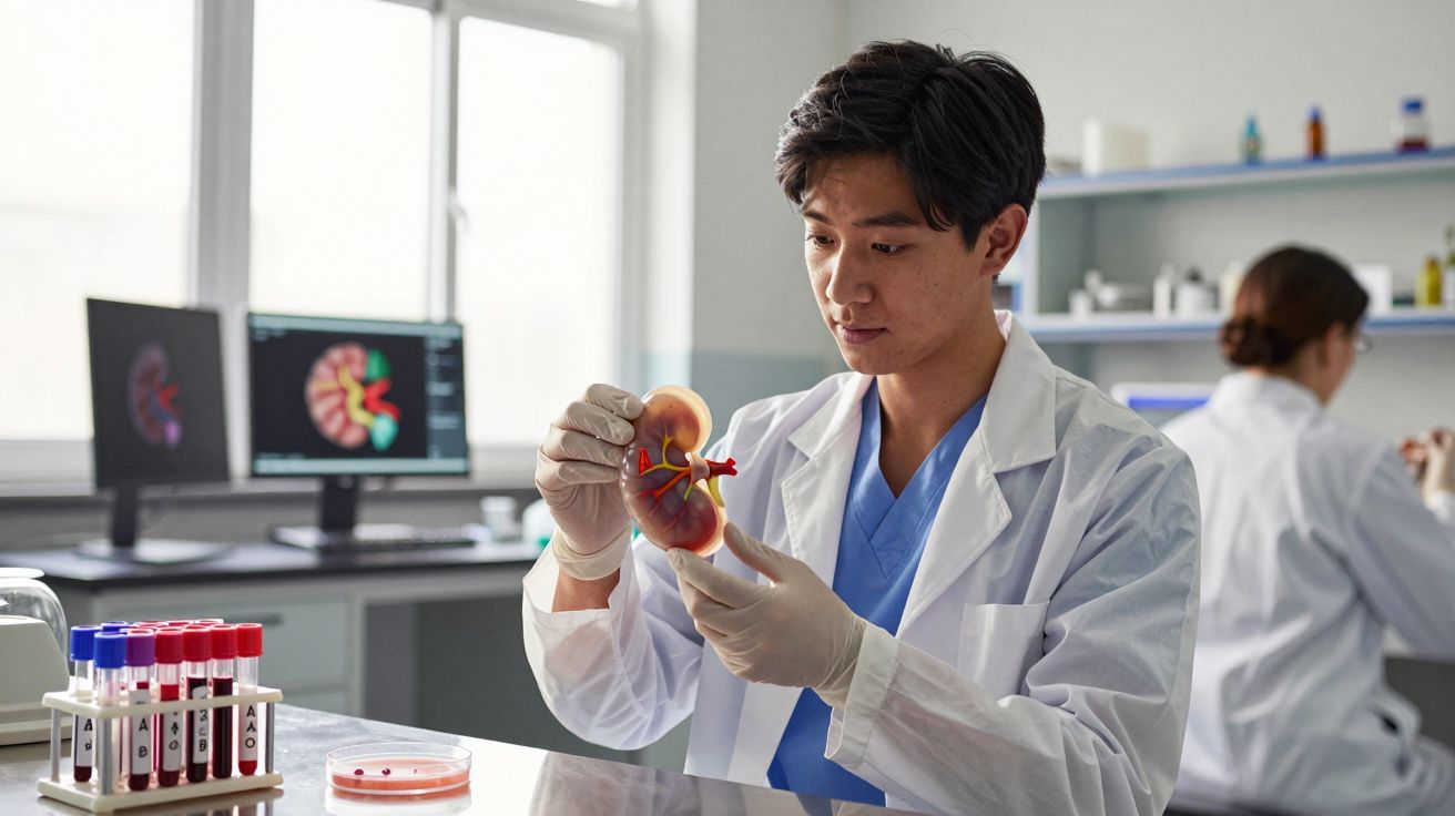 Cientista em laboratório a analisar modelo anatómico de rim, com tubos de ensaio e ecrãs ao fundo.