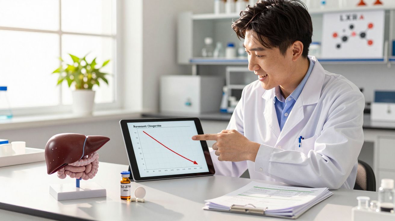Médico aponta para gráfico em tablet mostrando diminuição, com modelo de fígado na mesa de laboratório.