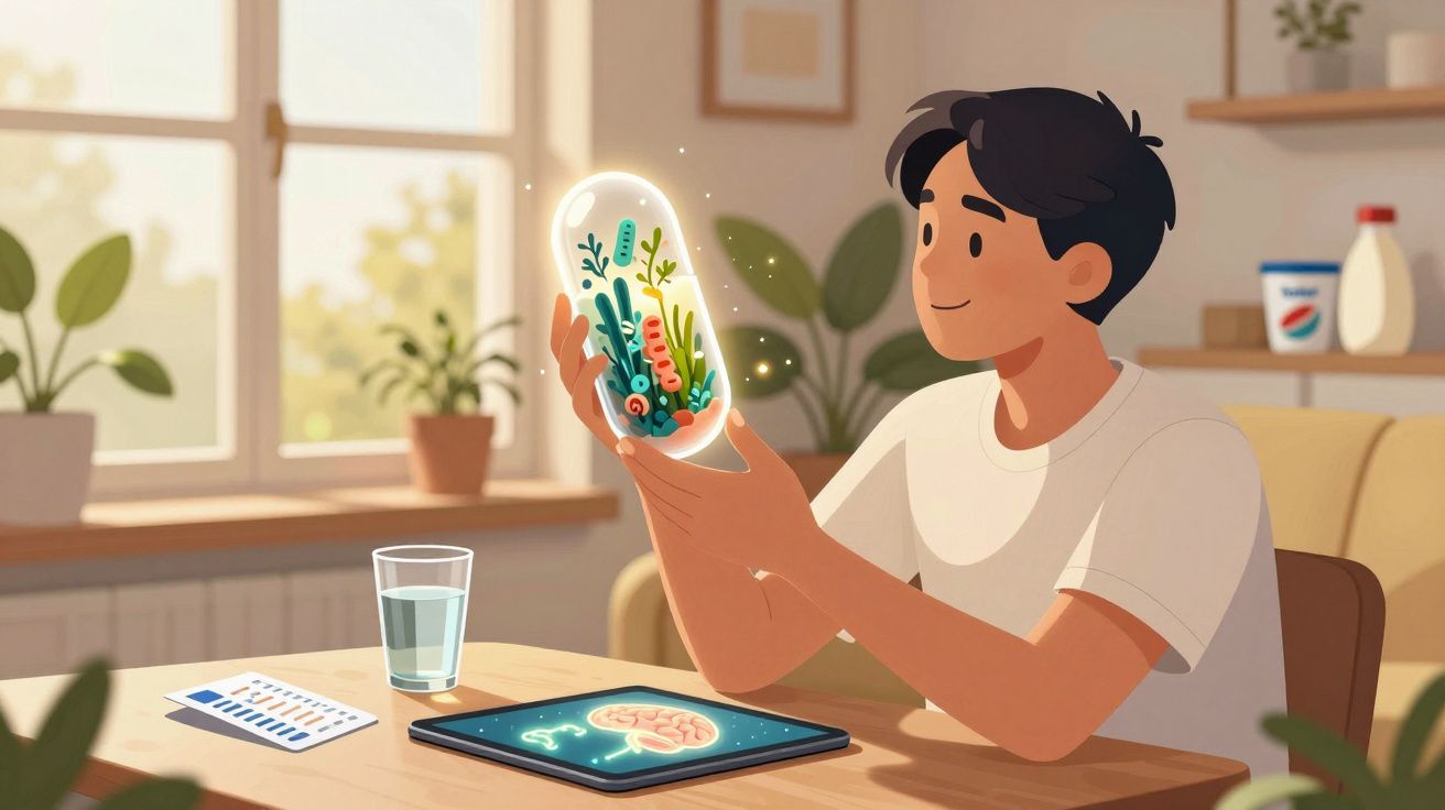 Pessoa a observar cativada uma cápsula luminosa com plantas microscópicas, sentado numa mesa com tablet e copo de água.