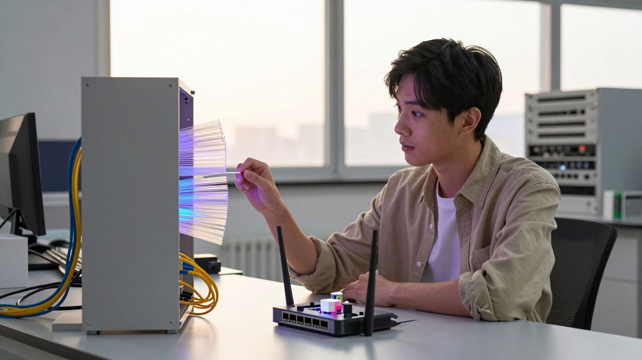 Homem jovem a analisar cabos de fibra ótica numa mesa com equipamento tecnológico num laboratório.