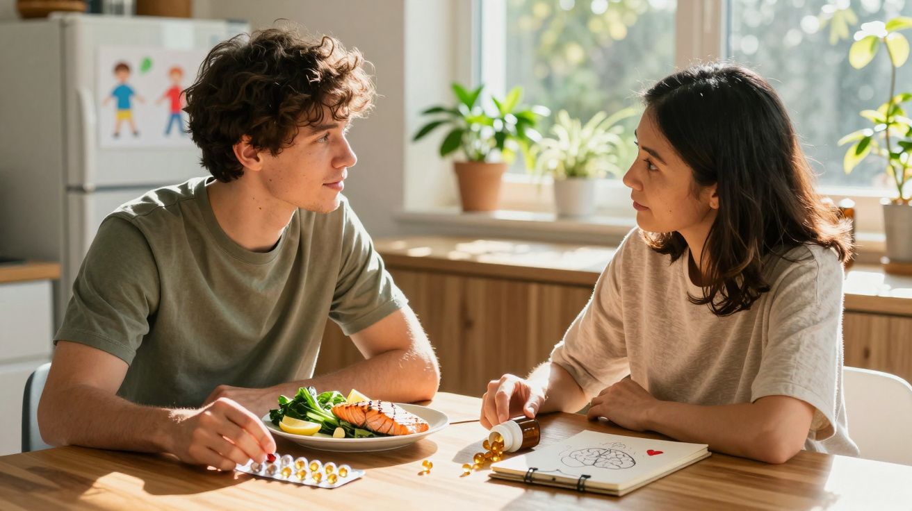 Homem e mulher sentados à mesa a conversar, com comida saudável e suplemento de vitaminas.