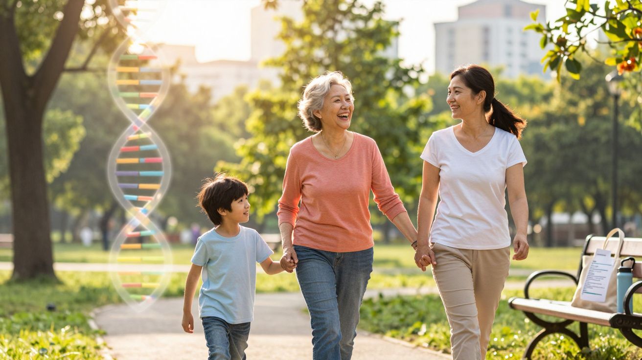 Três gerações de uma família asiática a passear e sorrir num parque ensolarado, com um modelo de DNA ao fundo.