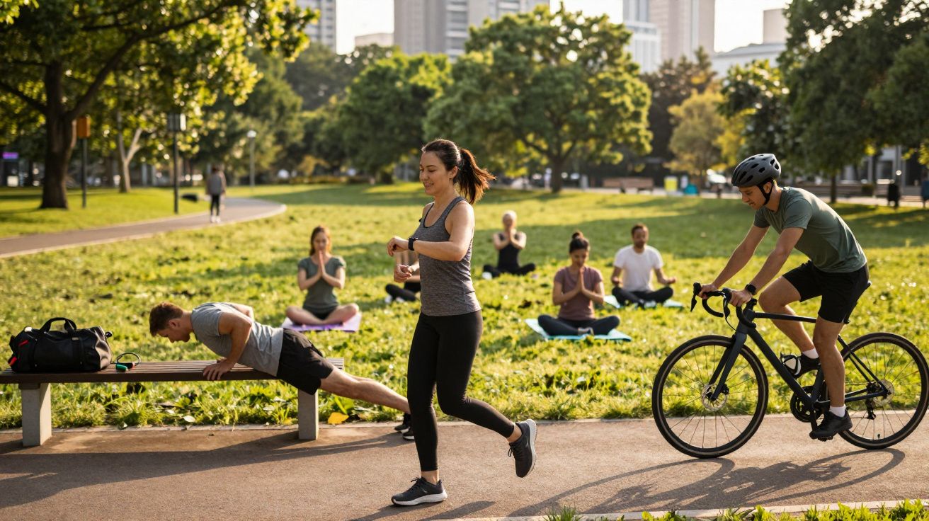 Pessoas praticam exercício ao ar livre num parque urbano com árvores e edifícios ao fundo.