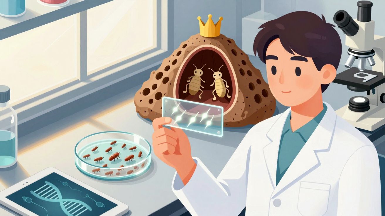 Cientista em laboratório observa placa transparente com insetos, formigueiro decorado com coroa ao fundo.