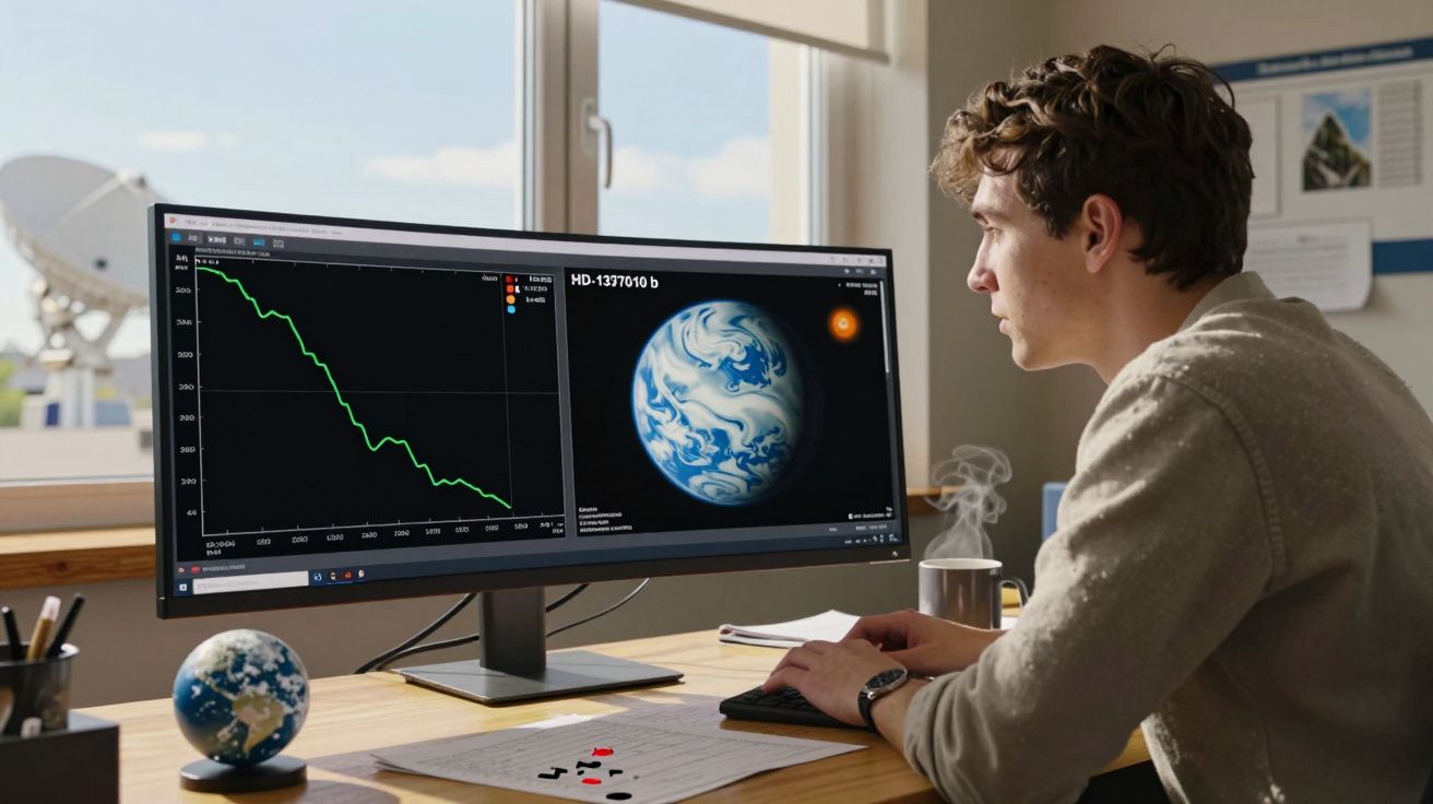 Homem jovem a trabalhar num computador com gráficos e imagem de um planeta azul no ecrã numa sala iluminada.