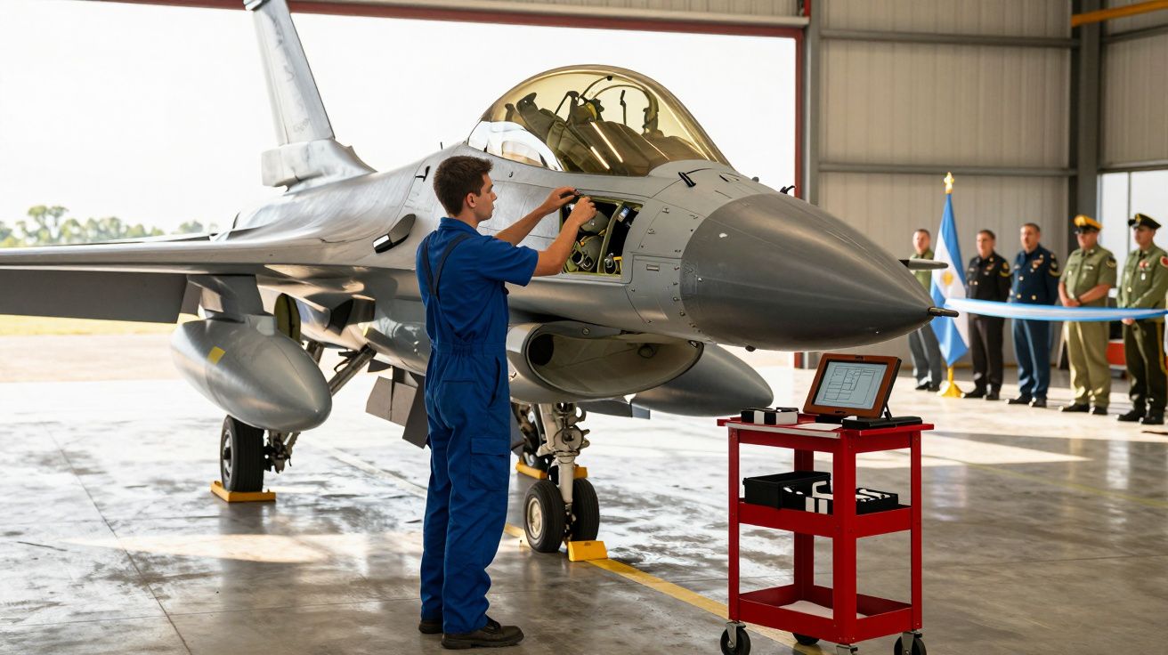 Técnico em macacão azul a inspecionar um caça num hangar, com militares em fila ao fundo.