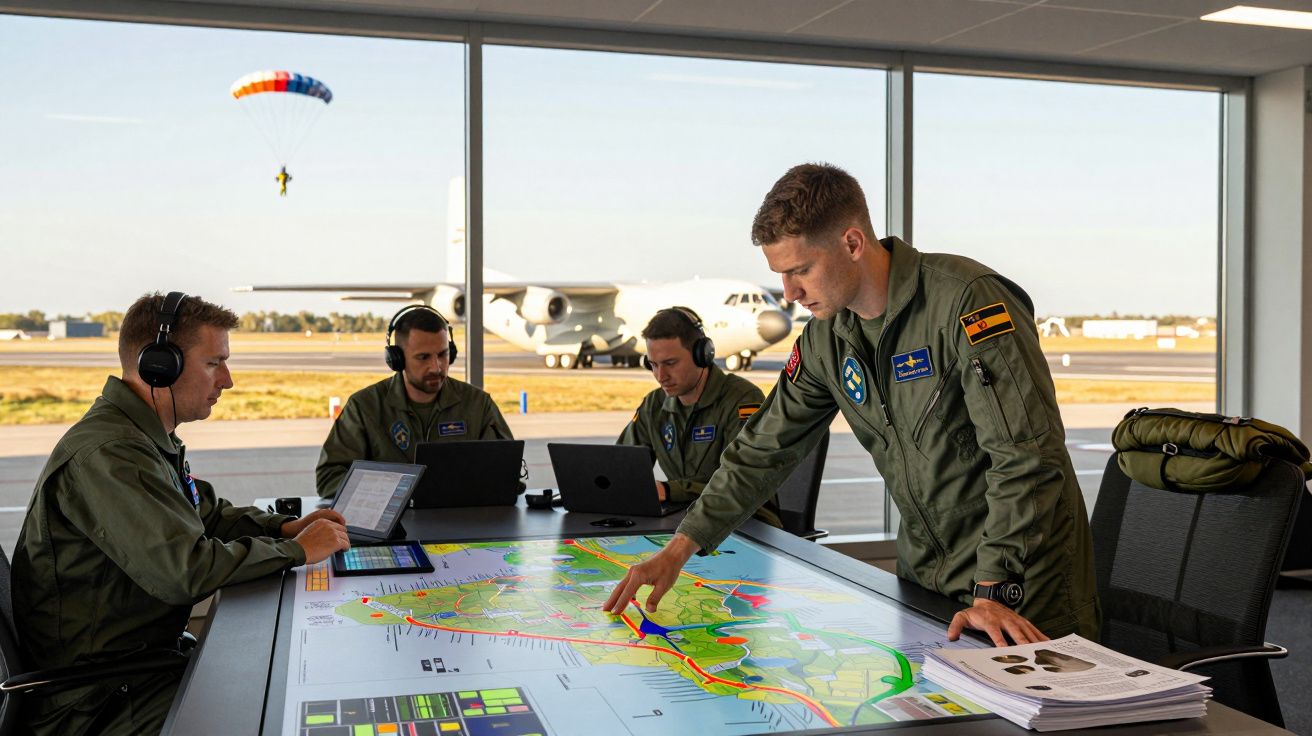 Pilotos militares planeiam operação numa sala com mapa digital, com avião e paraquedista visíveis ao fundo.