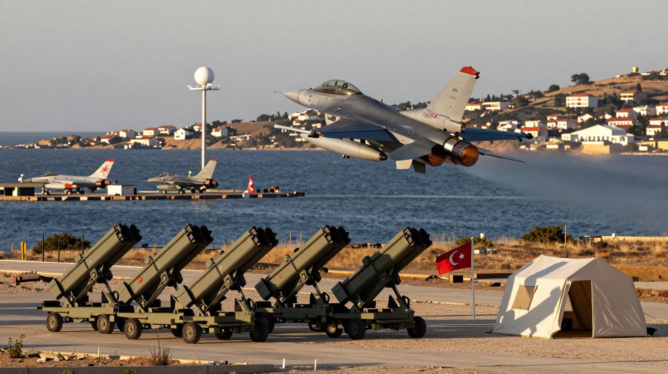 Caça F-16 turco a descolar junto a lançadores de mísseis e tenda, com bandeira da Turquia visível.
