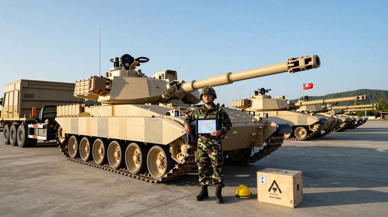 Soldado em uniforme militar junto a um tanque de guerra amarelo deserto, com outros tanques alinhados ao fundo.