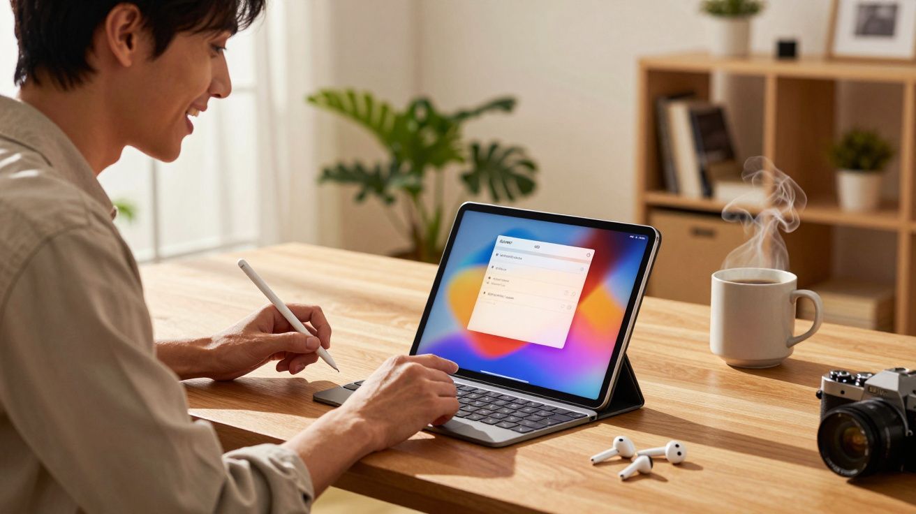 Pessoa a usar tablet com teclado e caneta digital, sentado numa mesa de madeira com chávena de café e auscultadores.