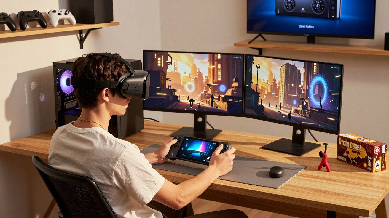 Jovem com óculos de realidade virtual joga com consola portátil e dois monitores com jogo futurista à frente.