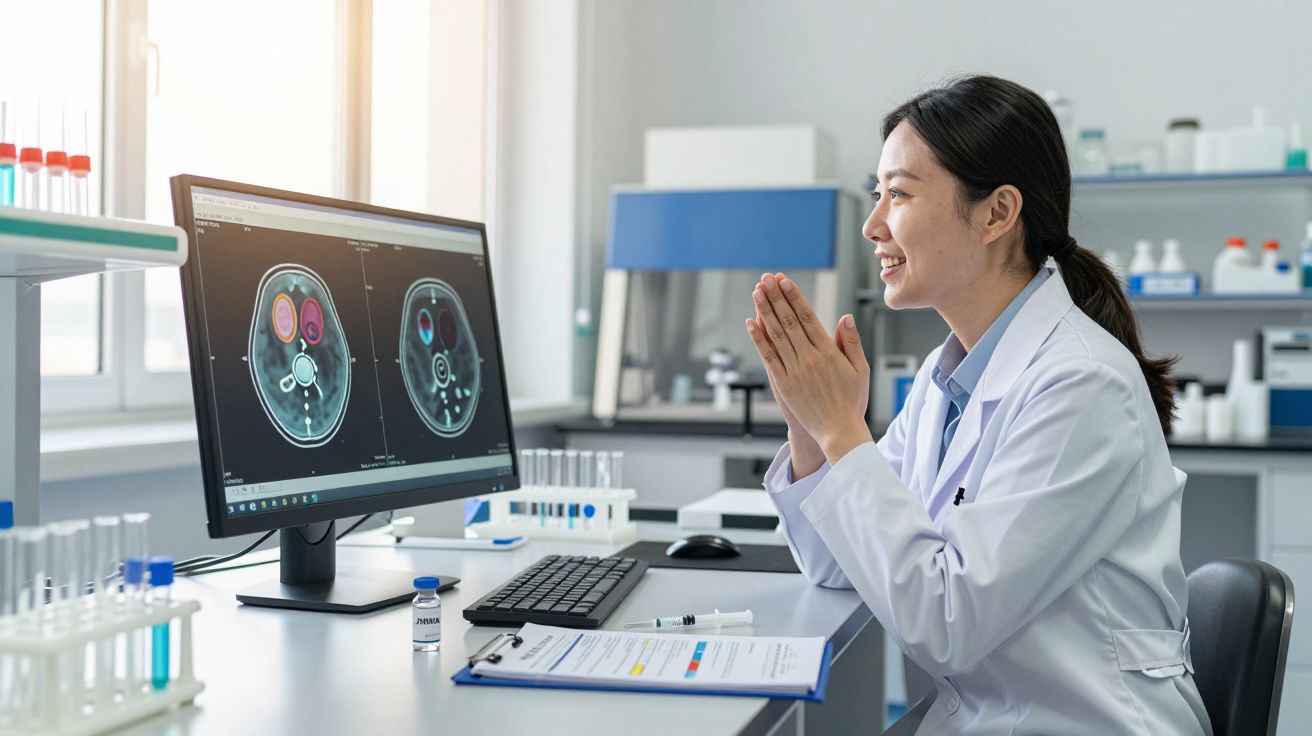 Cientista em bata sorrindo enquanto analisa imagens cerebrais no ecrã de um computador num laboratório.