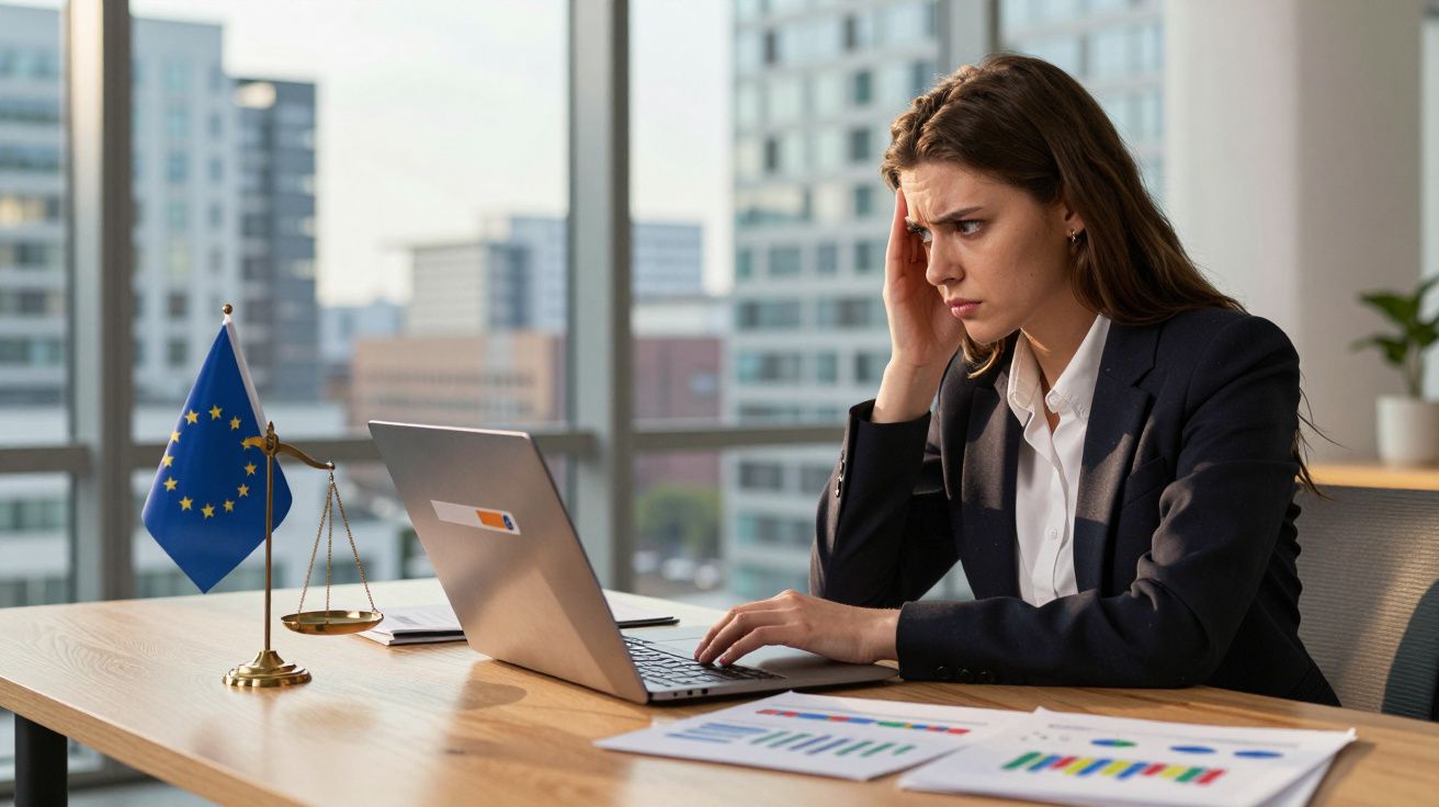 Mulher de negócios preocupada a trabalhar num portátil num escritório moderno com documentos e bandeira da UE.