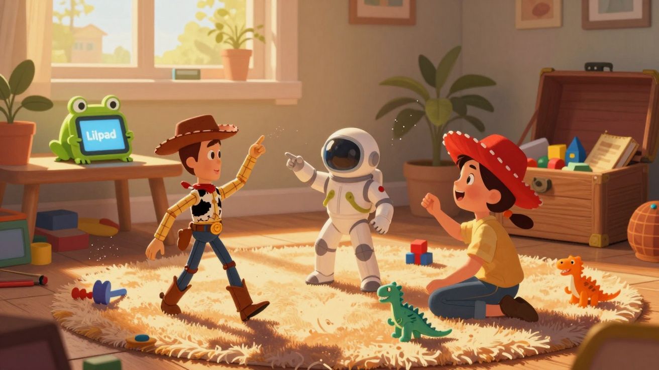 Criança sentada com chapéu de vaqueiro a brincar com bonecos de astronauta e cowboy numa sala iluminada.