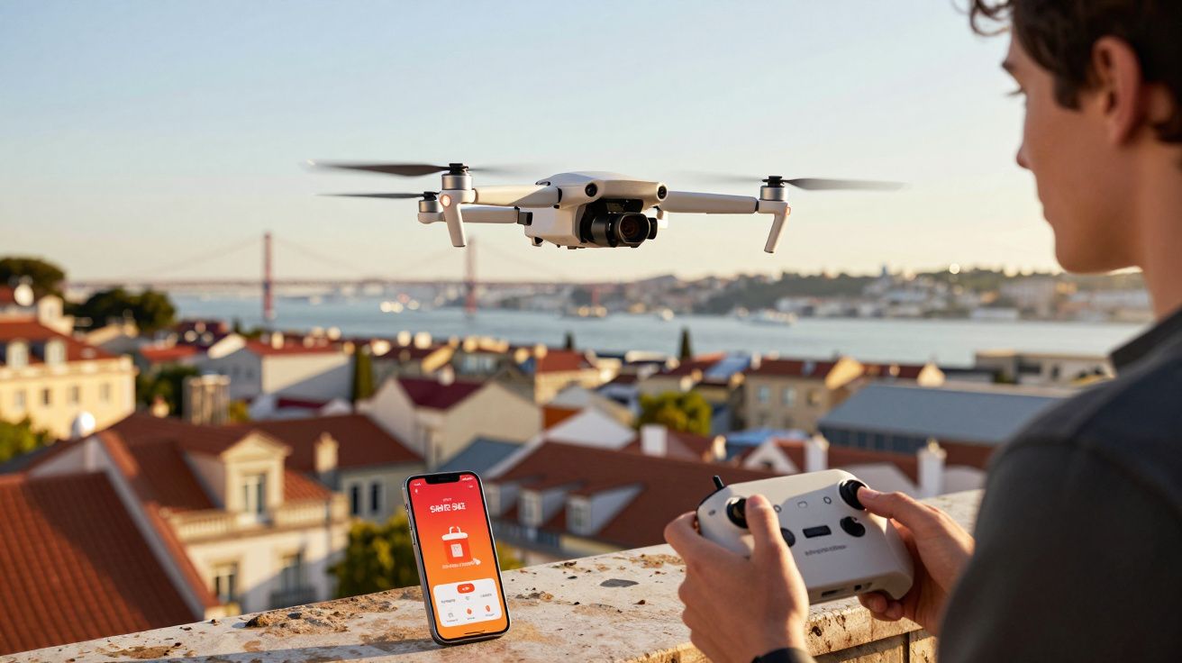 Homem controla drone branco com comando, telemóvel com app aberta, vista de cidade e ponte ao fundo.