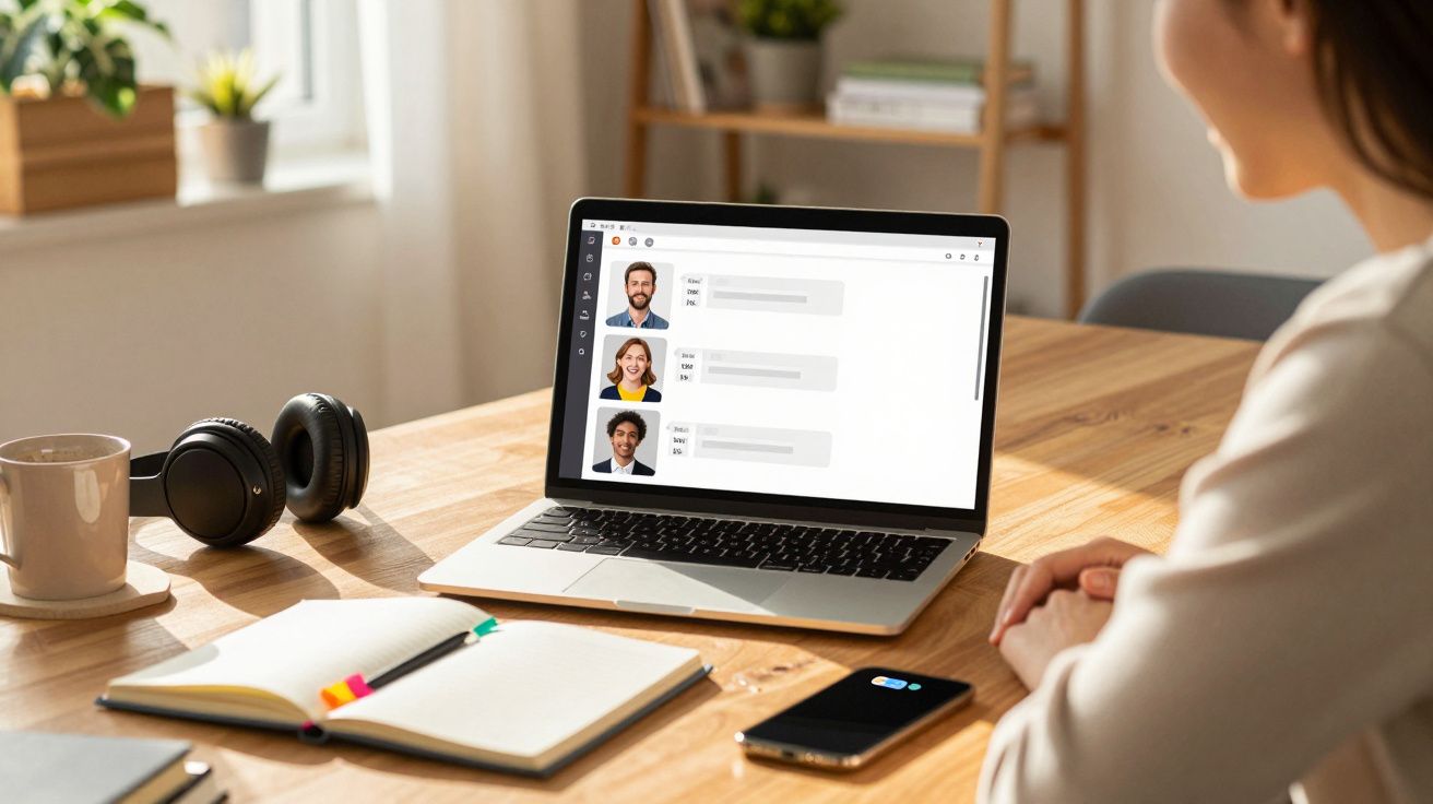 Pessoa em vídeo chamada num computador portátil numa mesa com caderno, auriculares e telemóvel.
