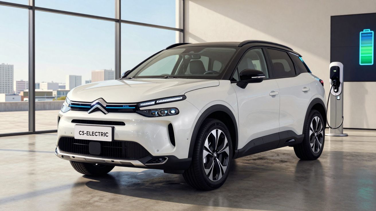 Carro elétrico branco Citroën C5-Electric estacionado em garagem moderna com carregador ligado na parede.