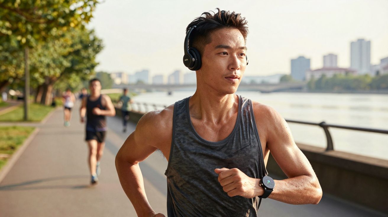 Homem a correr junto a rio com auscultadores e relógio desportivo numa manhã ensolarada.
