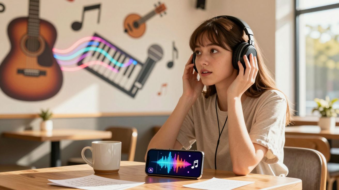 Jovem com auscultadores a ouvir música num café, com telemóvel e partituras na mesa.