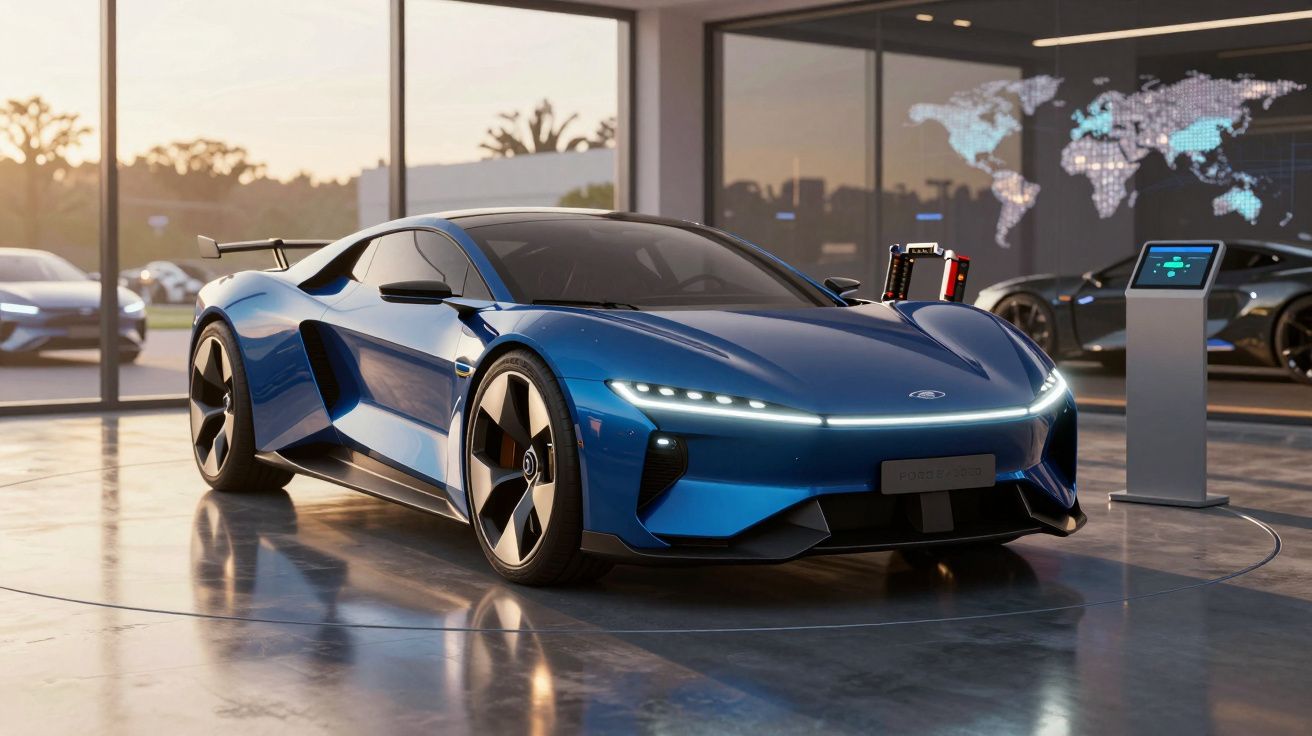 Carro desportivo elétrico azul num showroom moderno com iluminação suave e ecrãs digitais ao fundo.