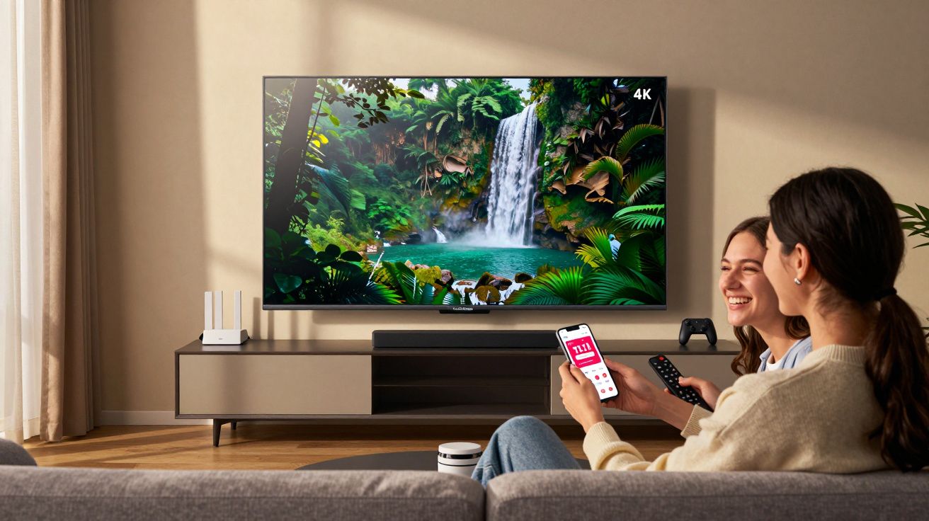 Duas mulheres sentadas em sofá a ver televisão com imagem 4K de cascata numa sala iluminada.