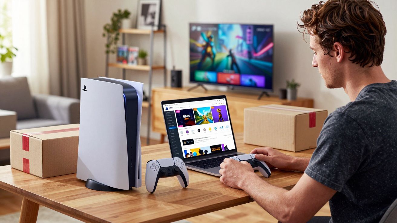 Homem a jogar videojogo numa consola PlayStation 5 com comandos, laptop e televisão ligada numa sala.