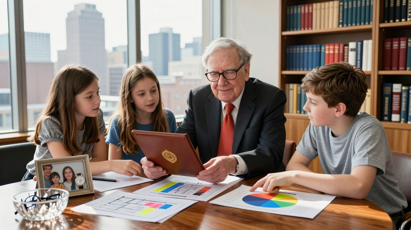 Homem idoso ensina três crianças sentados à mesa com gráficos e documentos num escritório com estante e janela.