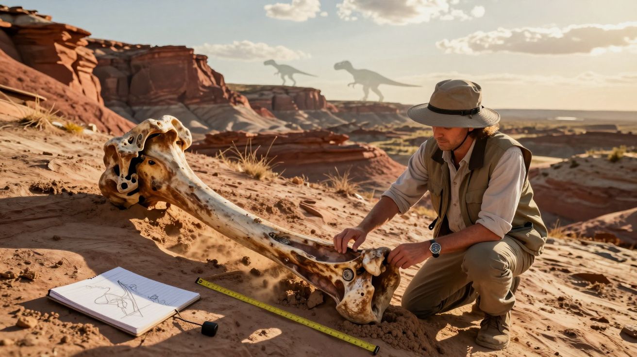 Paleontólogo a escavar e medir um osso fóssil gigante numa paisagem desértica com dinossauros ao fundo.