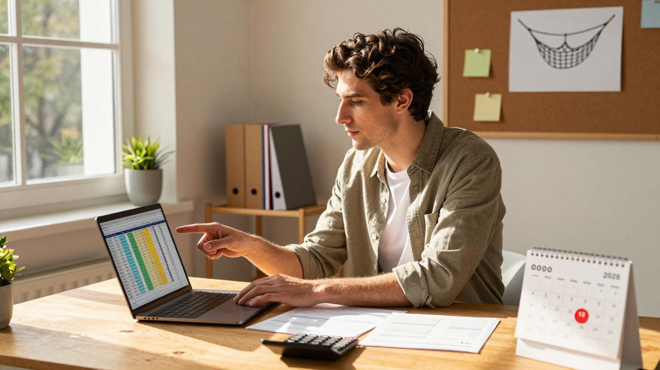 Homem sentado à mesa a analisar dados num gráfico no portátil, com calendário e calculadora visíveis.