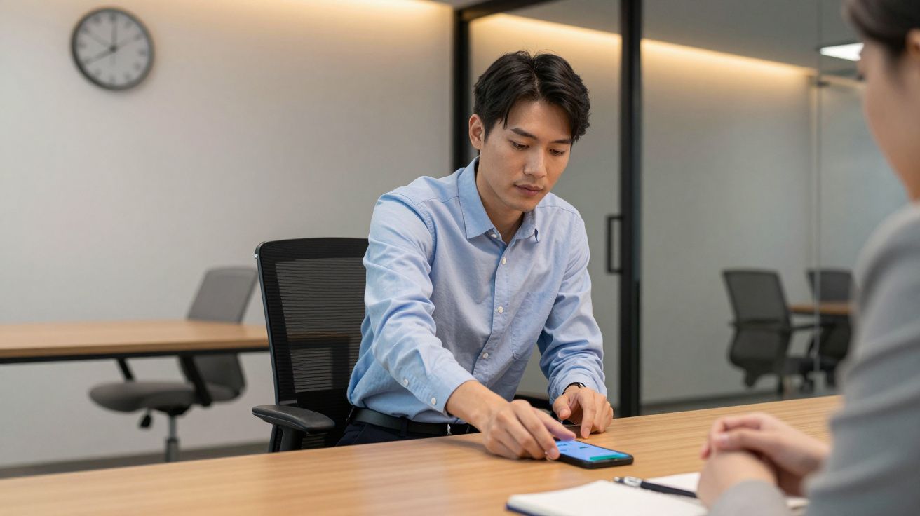Homem jovem sentado a uma mesa de reunião, a pegar no telemóvel em escritório moderno.