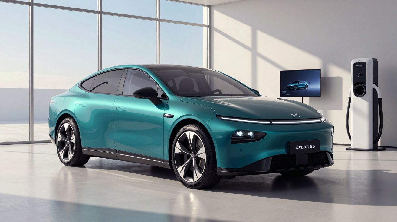 Carro elétrico verde turquesa XPeng G6 estacionado dentro de espaço moderno com carregador elétrico.