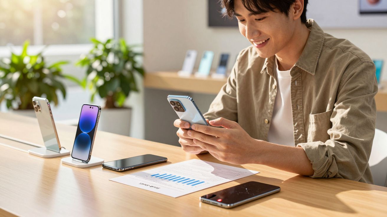 Homem sorridente sentado à mesa a usar smartphone, com vários telemóveis e gráficos à sua frente.