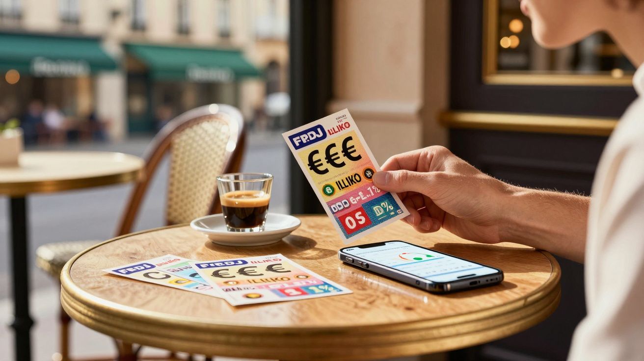 Pessoa segurando bilhete de lotaria sentado numa mesa de café com telemóvel e chávena de café.