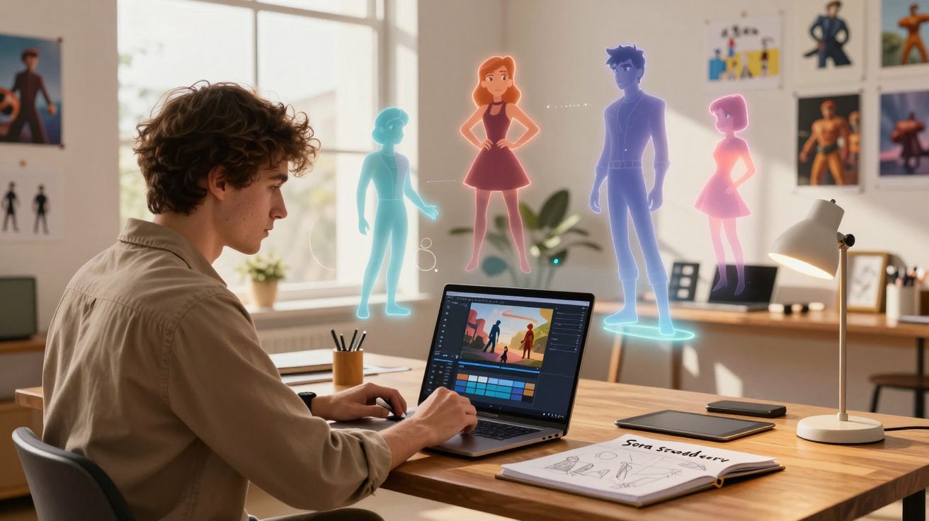 Jovem a trabalhar na criação de personagens HD animadas num computador portátil numa sala bem iluminada.