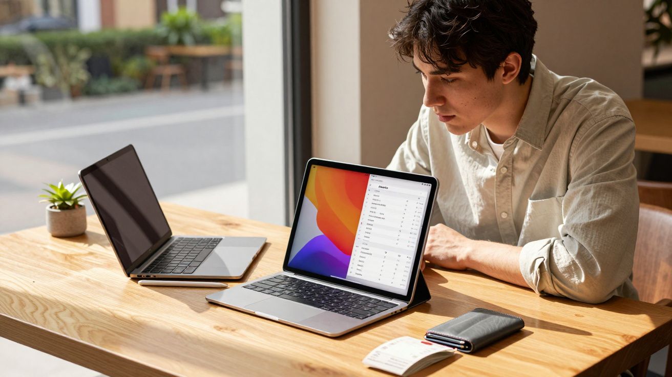 Jovem a trabalhar com dois computadores portáteis numa mesa de madeira junto a uma janela.