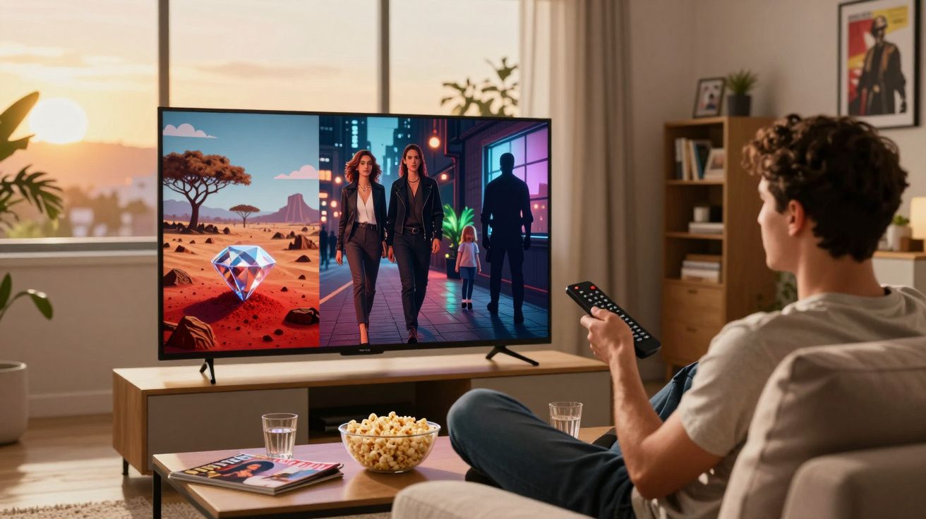 Homem sentado no sofá a ver televisão com controle remoto numa sala iluminada pelo pôr do sol.
