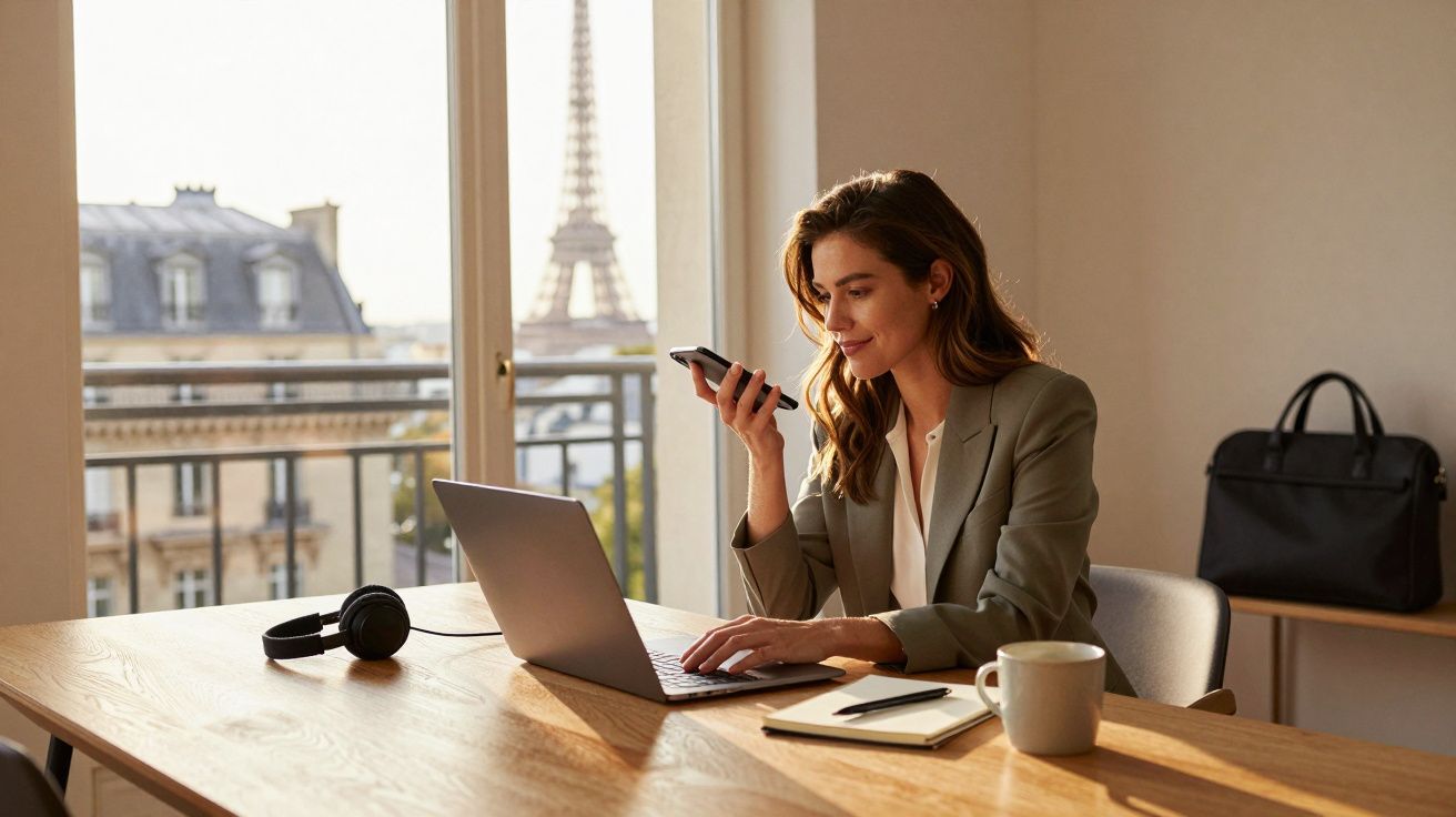 Mulher trabalha num portátil junto à janela com vista para a Torre Eiffel em Paris.