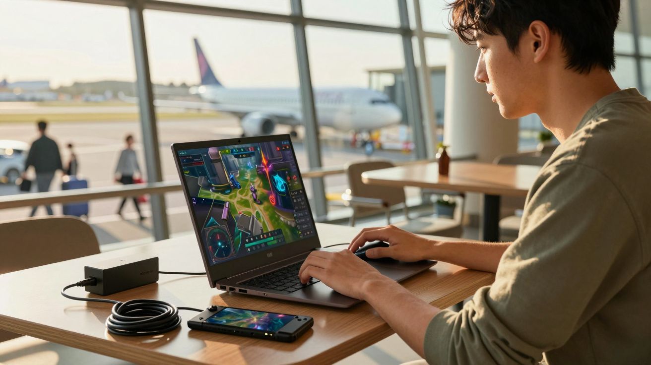 Jovem a jogar videojogo num portátil numa mesa do aeroporto com avião visível pela janela ao fundo.