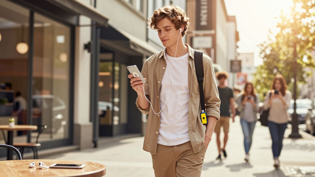 Jovem a ouvir música com auriculares e a andar numa rua movimentada ao fim da tarde.