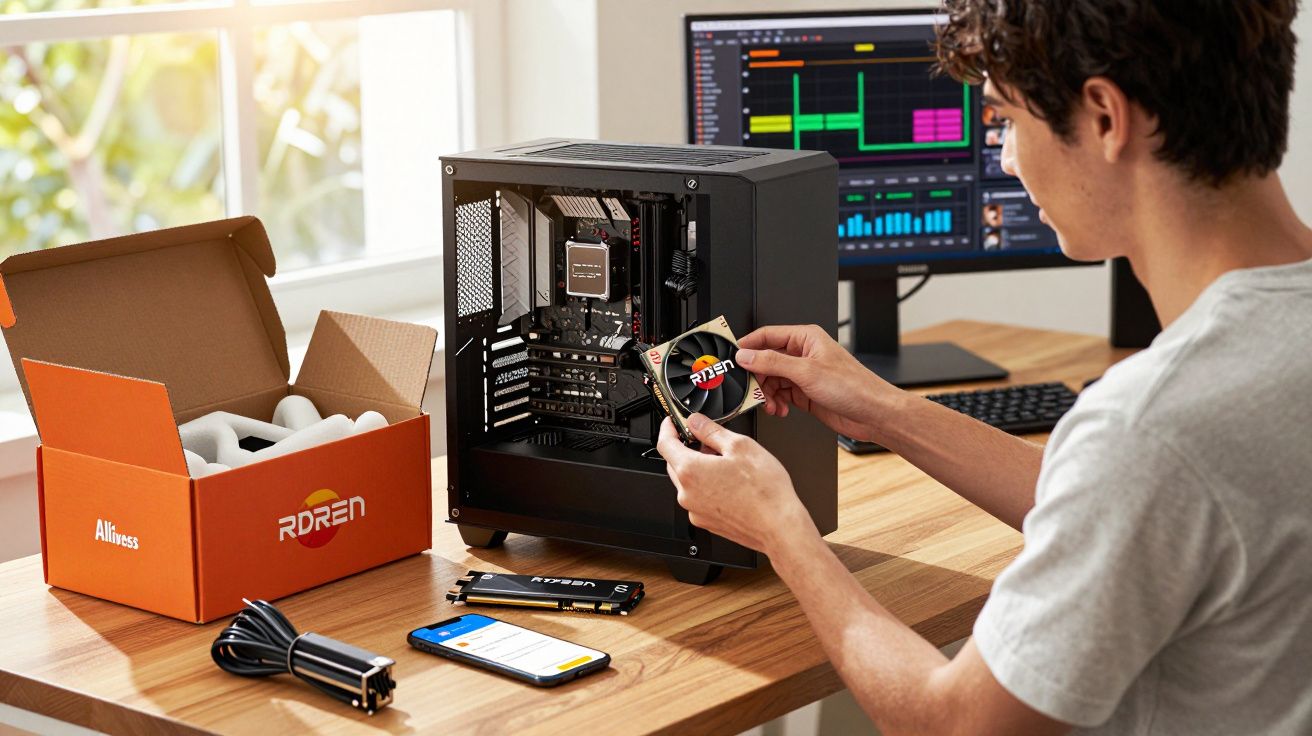 Pessoa a montar um computador com componentes sobre uma mesa em ambiente iluminado por luz natural.