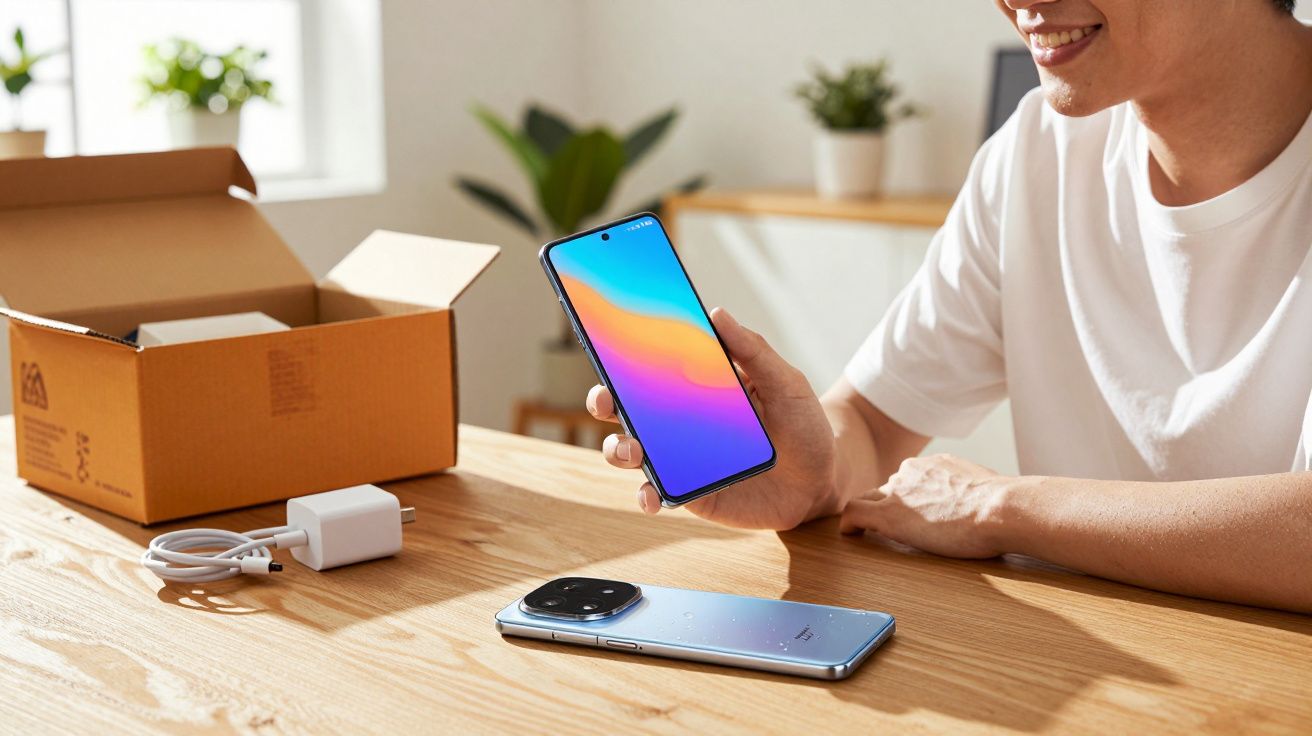 Pessoa a segurar um telemóvel novo, carregador e outro telemóvel sobre a mesa numa sala bem iluminada.