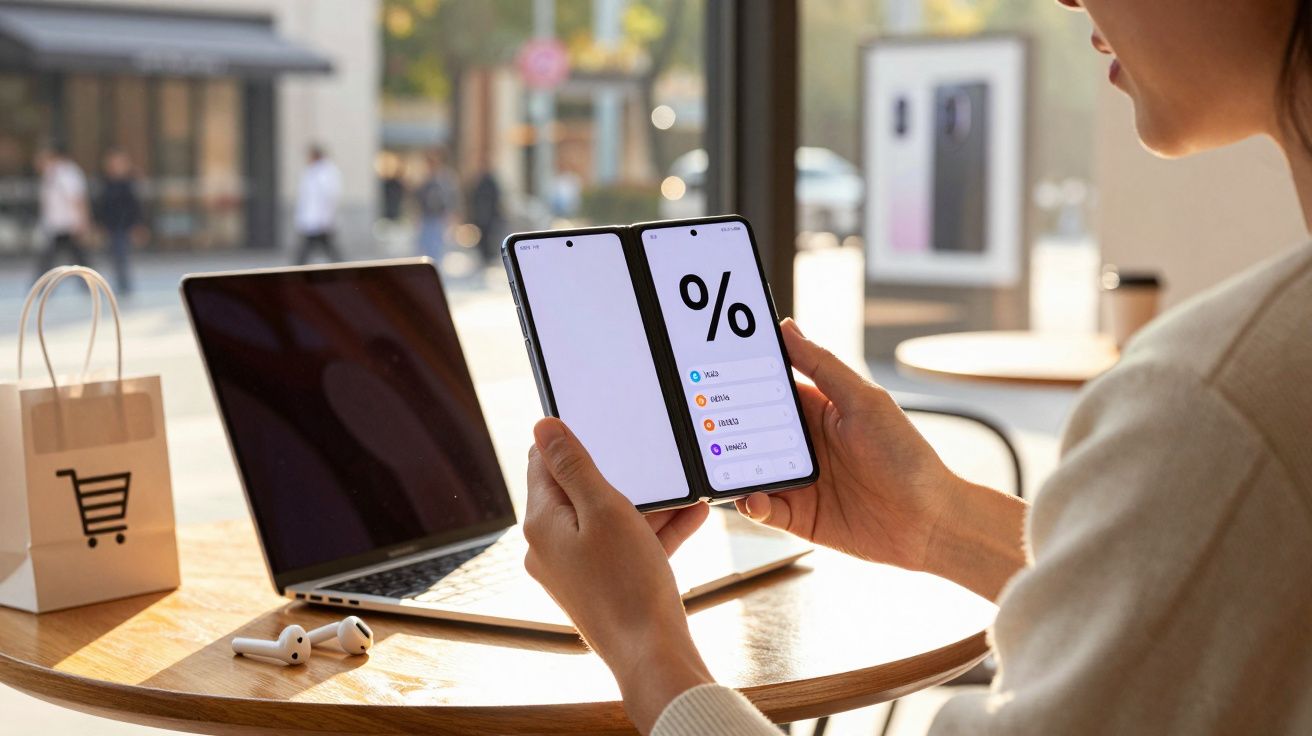 Pessoa a segurar telemóvel dobrável com ecrã dividido, junto a computador portátil numa mesa de café.